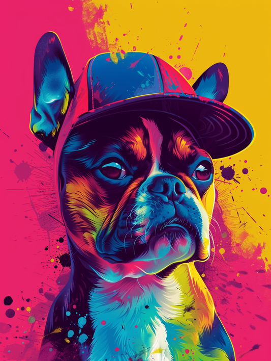 colorful space Boston Terrier dog with a hat Expressive surreal Poster # F025014