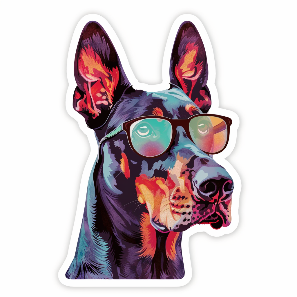 Sticker of a Doberman Pinscher Dog wearing sunglasses Expressive surreal Vinyl Decal Sticker for Car, Laptop, Tumbler and more # F019272
