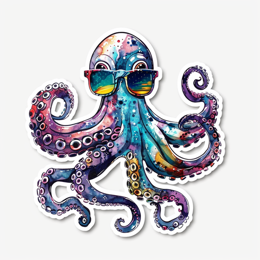 Sticker of a Octopus wearing sunglasses majestic Expressive surreal Vinyl Decal Sticker for Car, Laptop, Tumbler and more # F015414