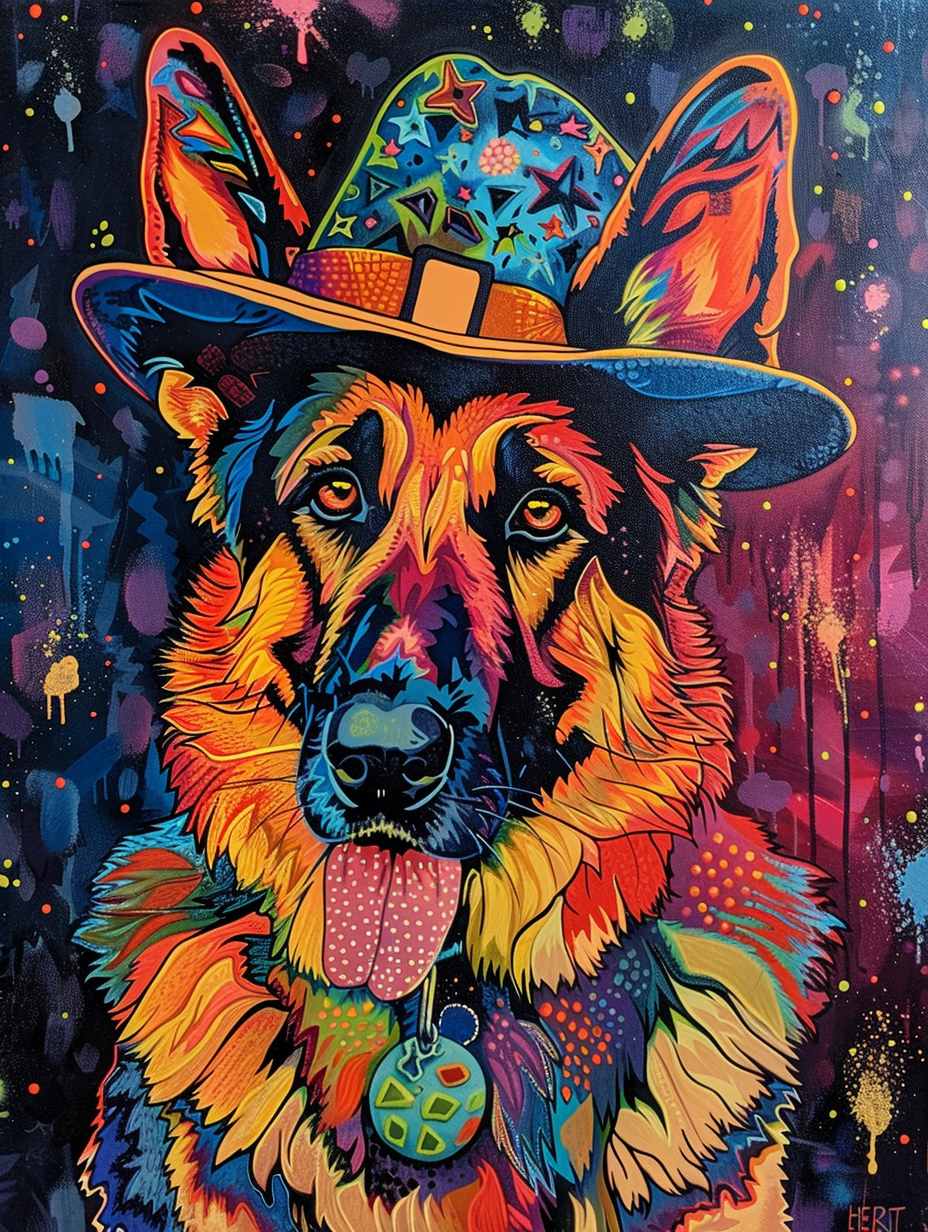 colorful space German Shepherd dog with a hat Expressive surreal Poster # F025528