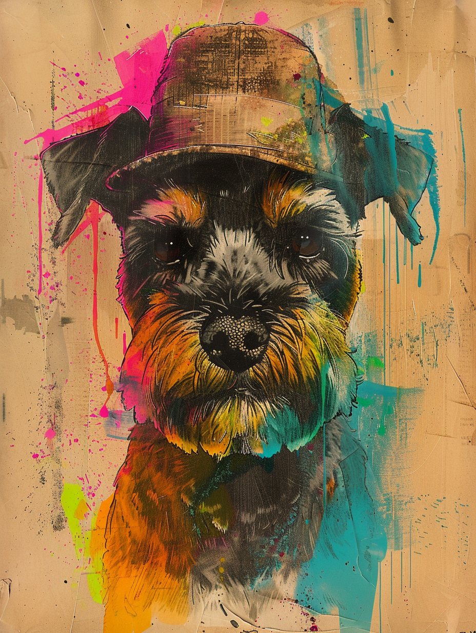 Colorful space Miniature Schnauzer dog with a hat Expressive surreal Poster # F025166