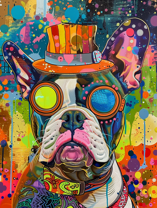 Colorful space Bulldog dog with a hat Expressive surreal Poster # F024504