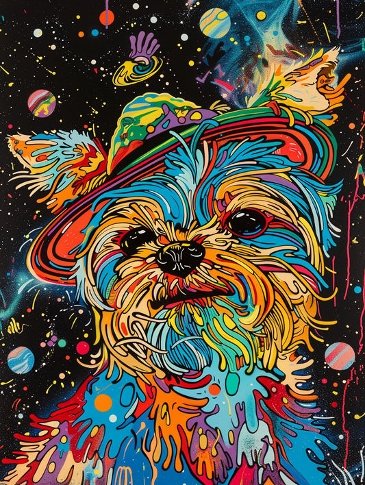 Colorful space Yorkshire Terrier dog with a hat Expressive surreal Poster # F024882