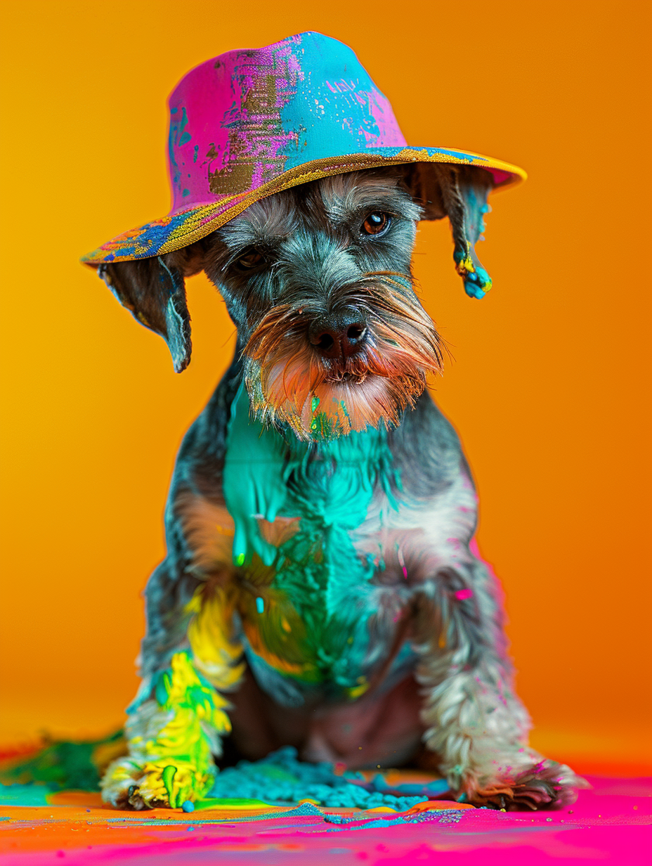 Colorful space Miniature Schnauzer dog with a hat Expressive surreal Poster # F024631