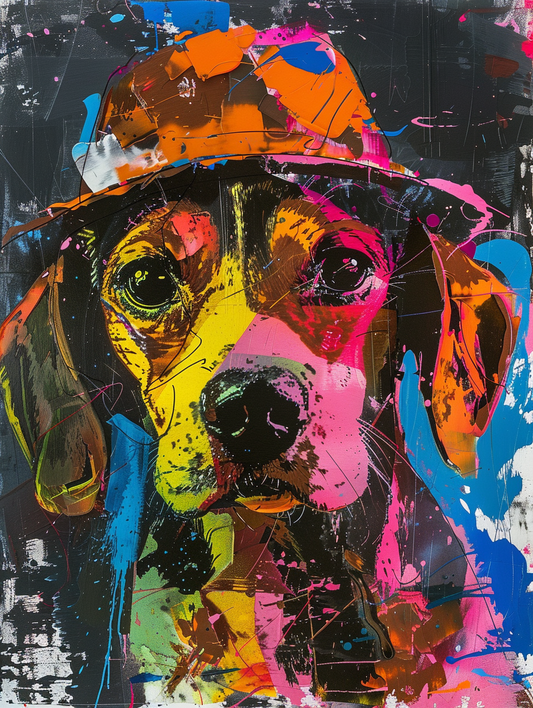 Colorful space Beagle dog with a hat Expressive surreal Poster # F024887