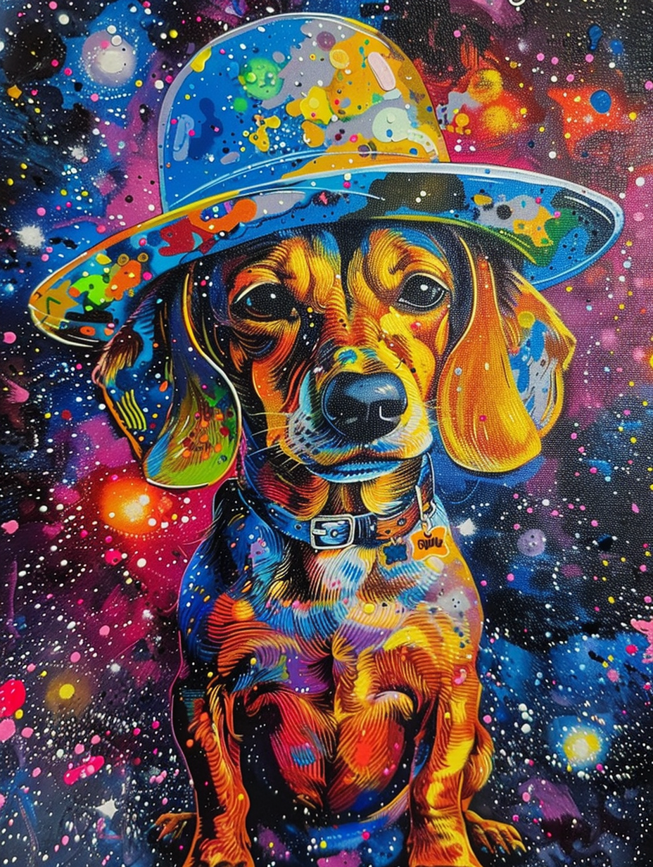 Colorful space Dachshund dog with a hat Expressive surreal Poster # F024875