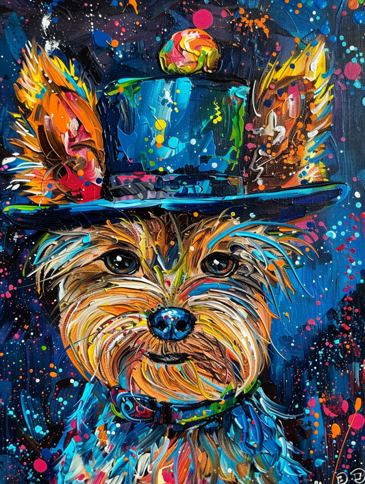 Colorful space Yorkshire Terrier dog with a hat Expressive surreal Poster # F024498