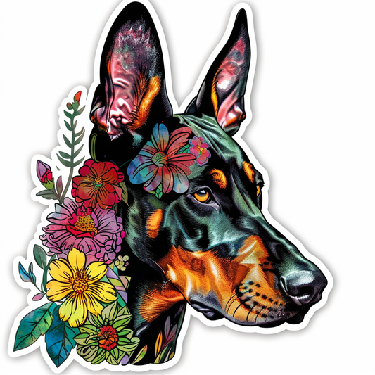 Doberman Pinscher Dog floral majestic Expressive surreal Vinyl Decal Sticker for Car, Laptop, Tumbler and more # F019379
