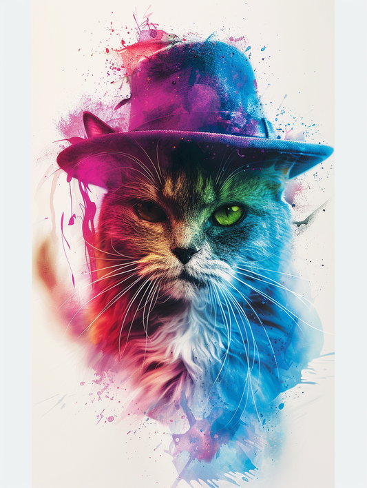 Colorful space British Shorthair cat with a hat Expressive surreal Poster # F024675