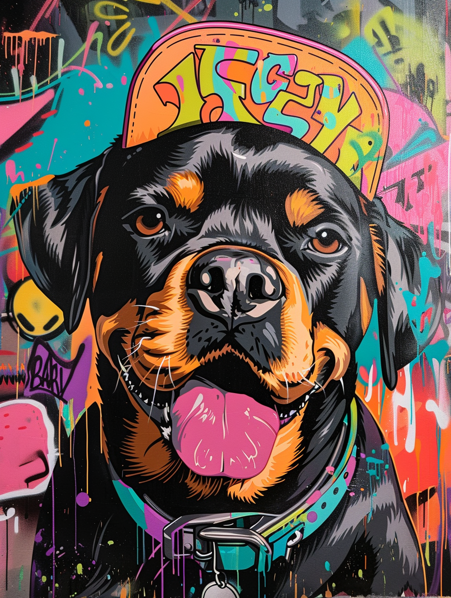 Colorful space Rottweiler dog with a hat Expressive surreal Poster # F025584