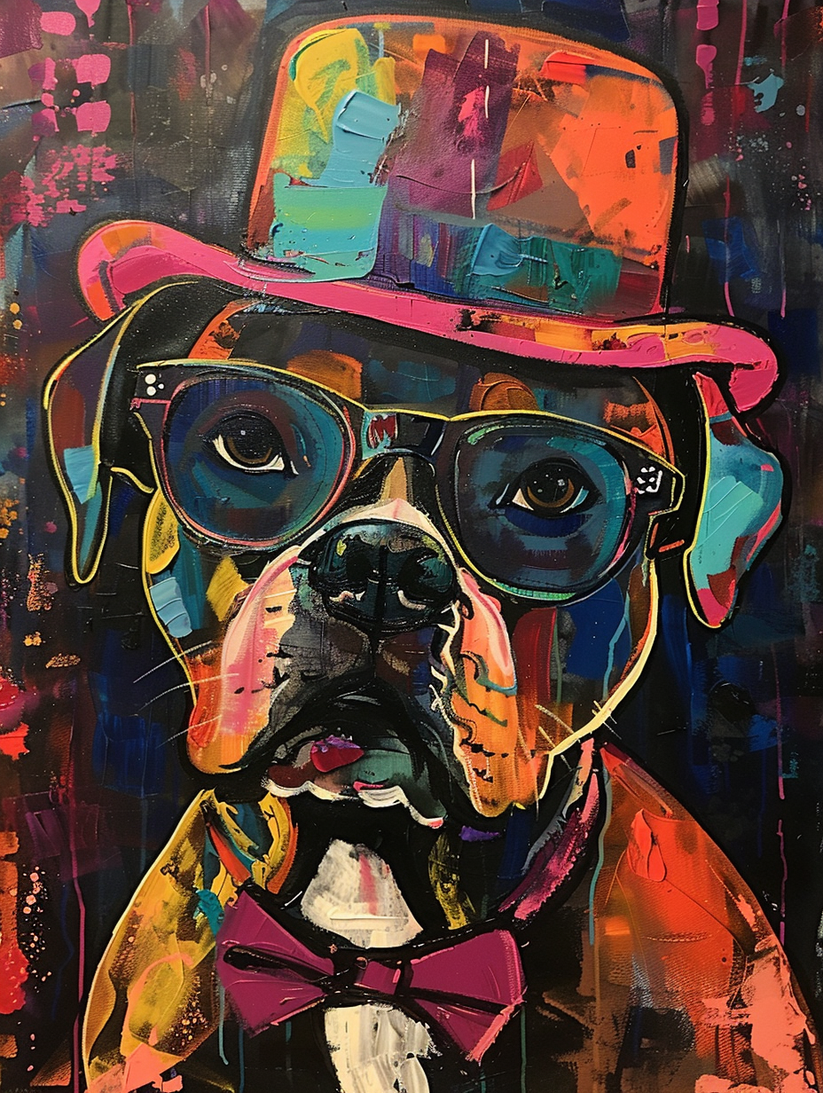 Colorful space Boxer dog with a hat Expressive surreal Poster # F025092