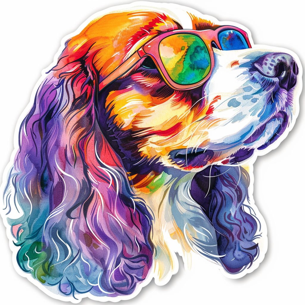 Sticker of a Cocker Spaniel Dog wearing sunglasses Expressive surreal Vinyl Decal Sticker for Car, Laptop, Tumbler and more # F020129