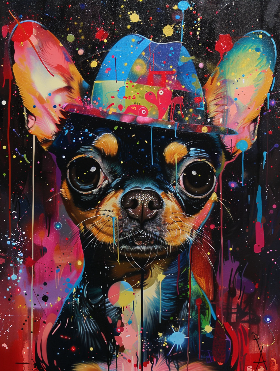 Colorful space Chihuahua dog with a hat Expressive surreal Poster # F024489