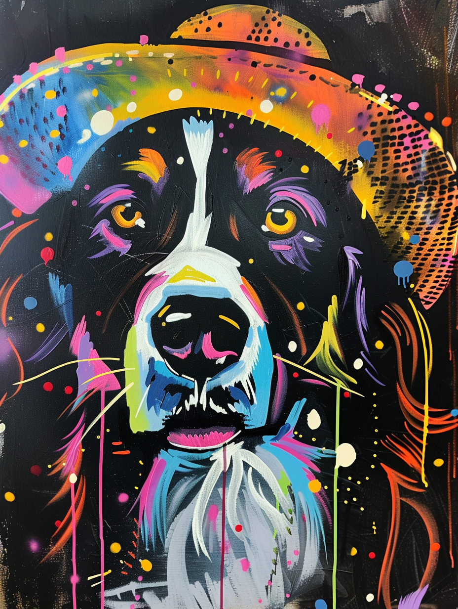 Colorful space Border Collie dog with a hat Expressive surreal Poster # F024997