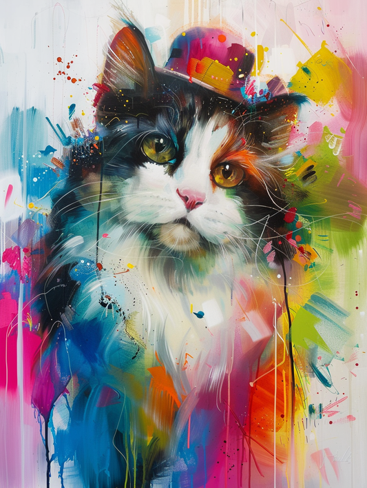 Colorful space Norwegian Forest Cat cat with a hat Expressive surreal Poster # F025243