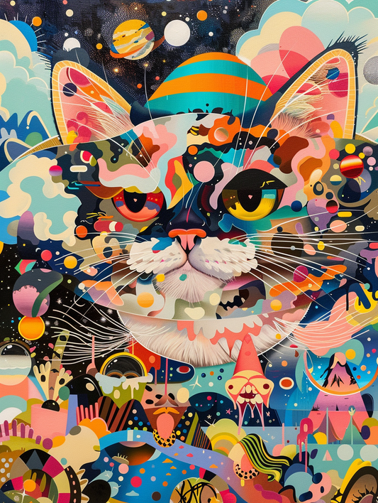 Colorful space Ragdoll cat with a hat Expressive surreal Poster # F024639