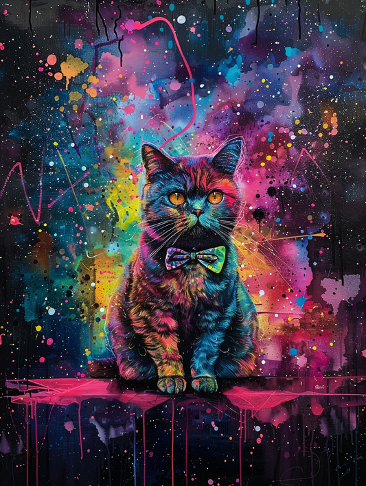 Colorful space British Shorthair cat with a bow ti Expressive surreal Poster # F024707