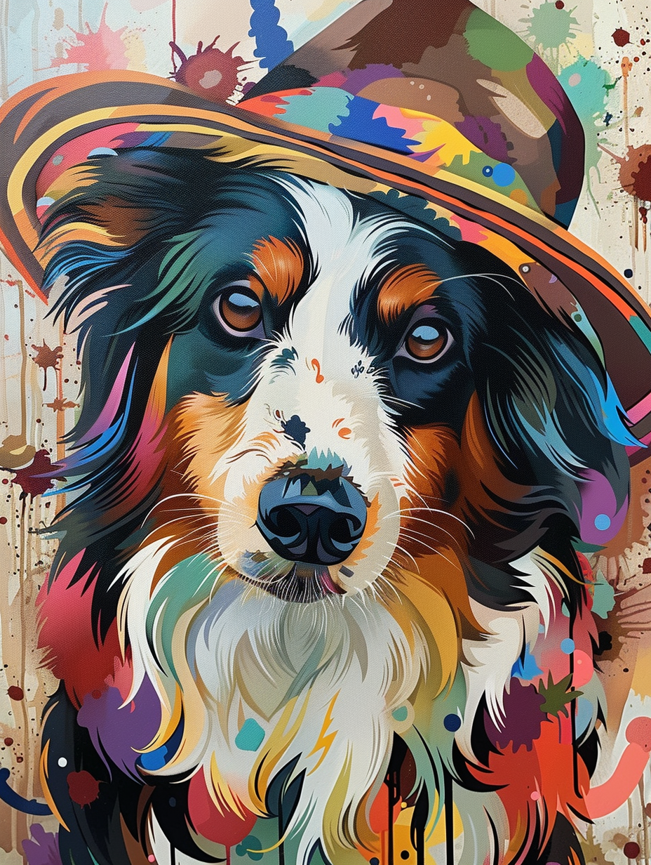 Colorful space Border Collie dog with a hat Expressive surreal Poster # F024408