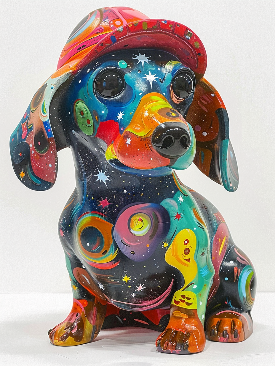 Colorful space Dachshund dog with a hat Expressive surreal Poster # F024577