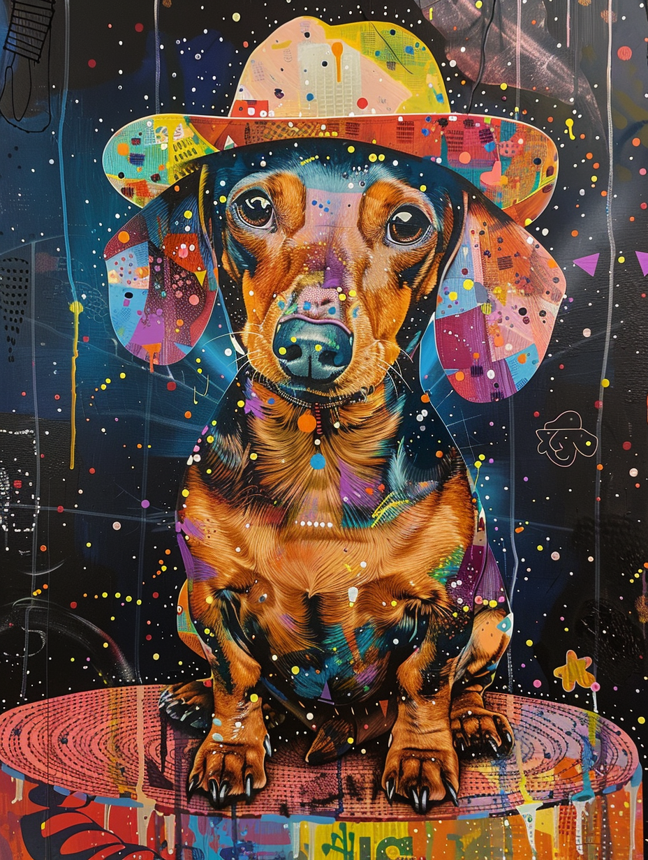 Colorful space Dachshund dog with a hat Expressive surreal Poster # F024899