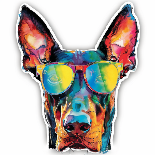 Sticker of a Doberman Pinscher Dog wearing sunglasses Expressive surreal Vinyl Decal Sticker for Car, Laptop, Tumbler and more # F019213