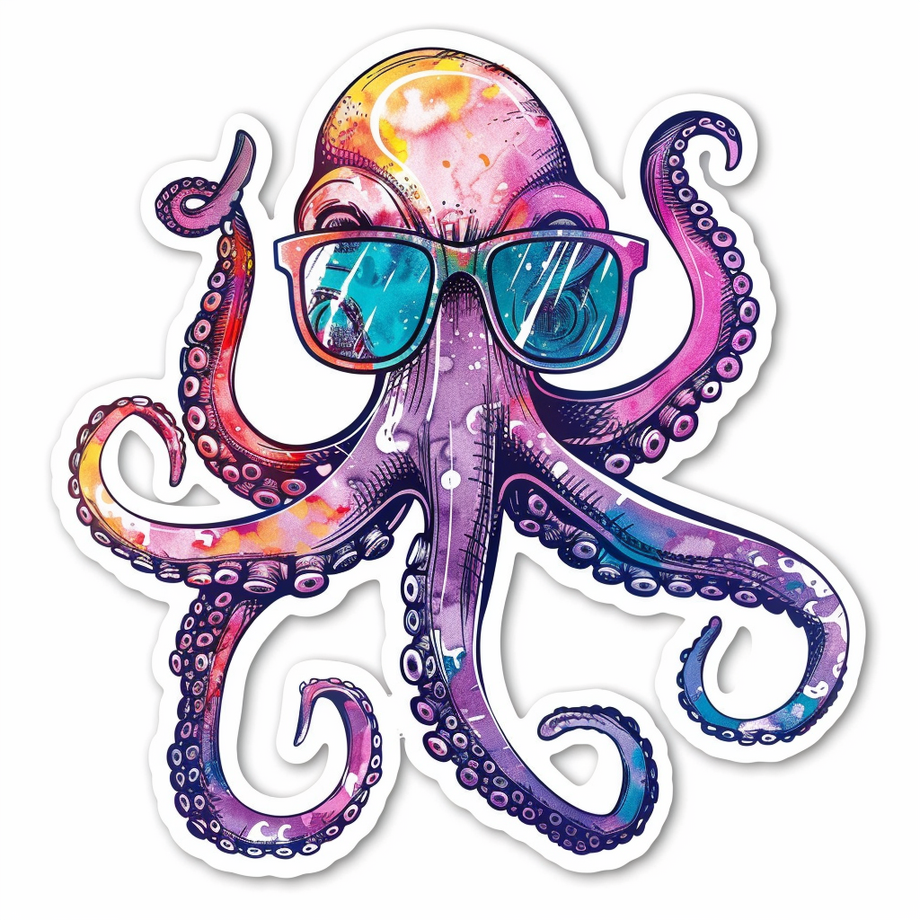 Sticker of a Octopus wearing sunglasses majestic Expressive surreal Vinyl Decal Sticker for Car, Laptop, Tumbler and more # F015378