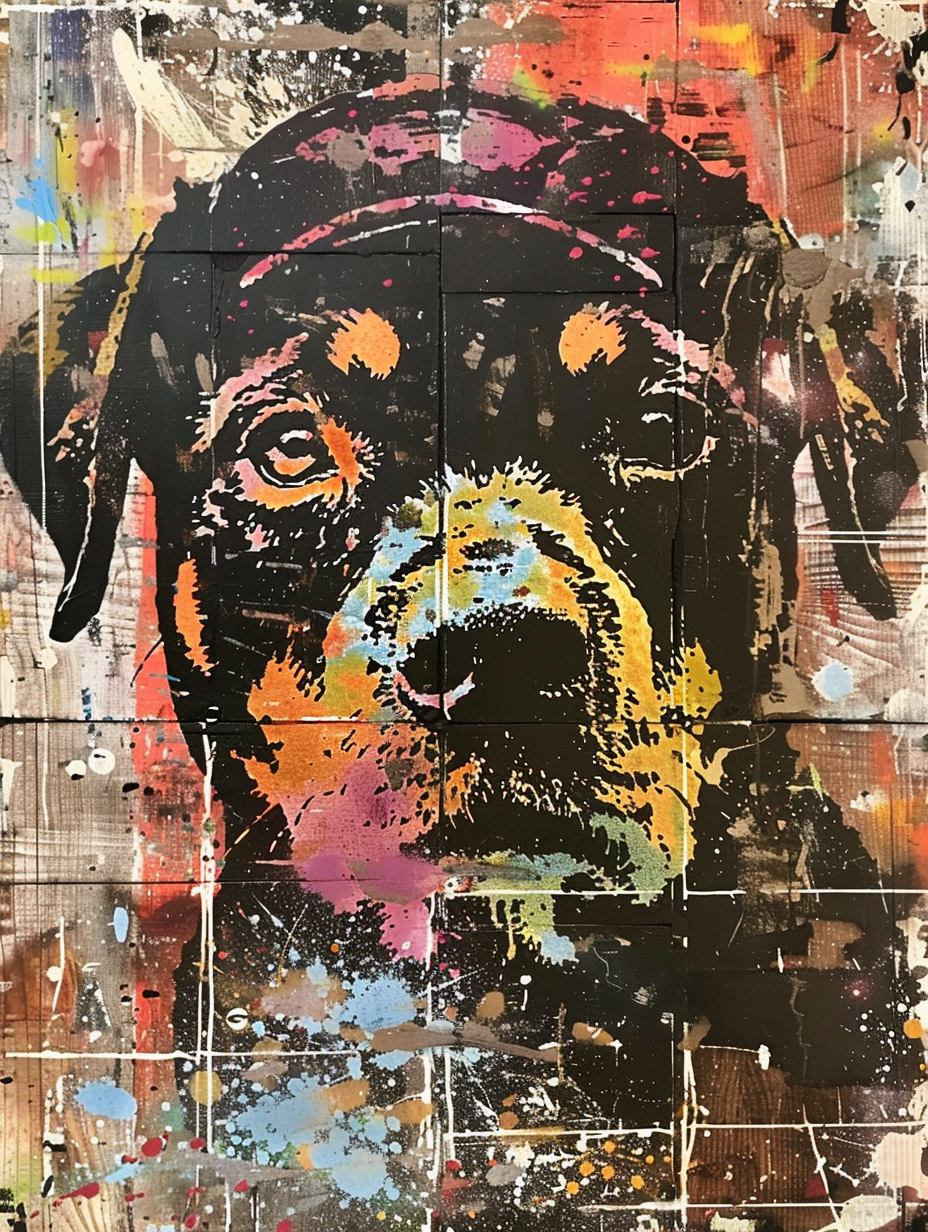 Colorful space Rottweiler dog with a hat Expressive surreal Poster # F024892