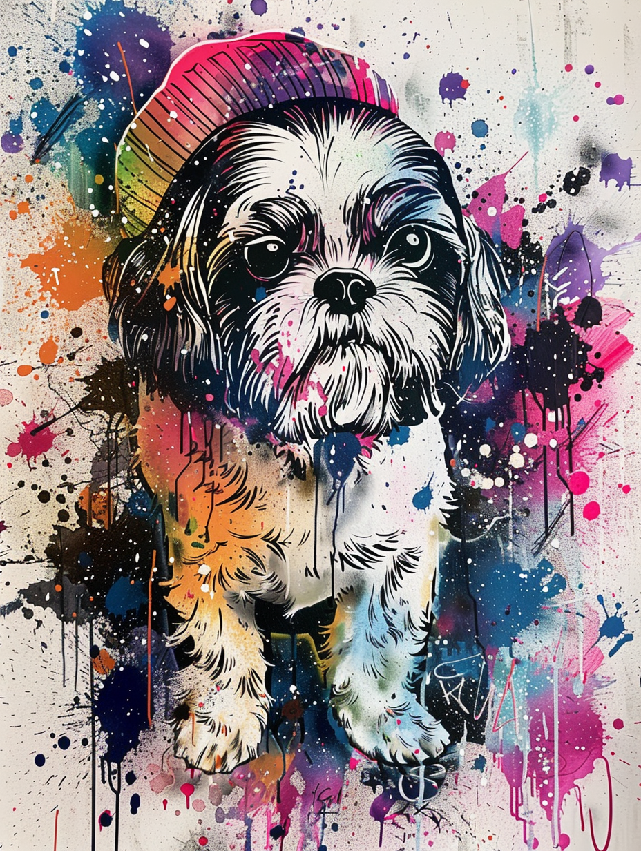 Colorful space Shih Tzu dog with a hat Expressive surreal Poster # F025428