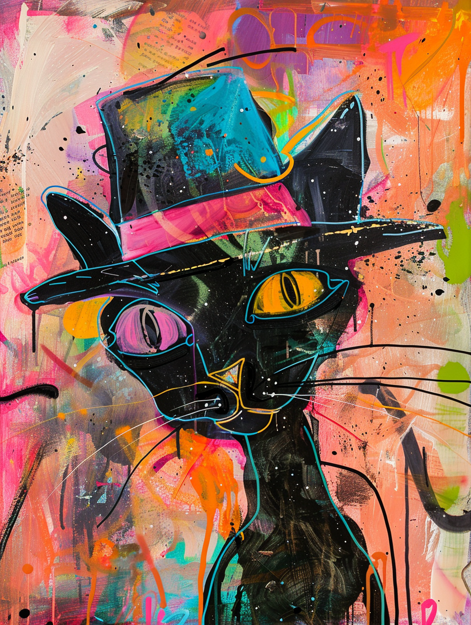 Colorful space Savannah cat with a hat Expressive surreal Poster # F025223
