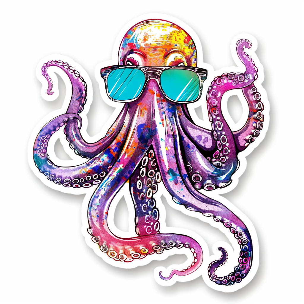 Sticker of a Octopus wearing sunglasses majestic Expressive surreal Vinyl Decal Sticker for Car, Laptop, Tumbler and more # F015398