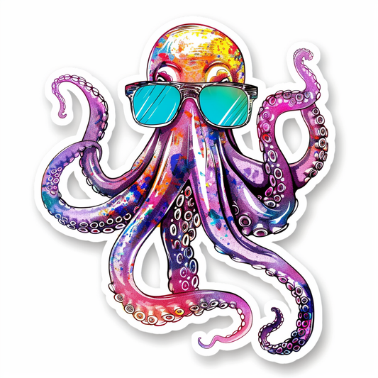 Sticker of a Octopus wearing sunglasses majestic Expressive surreal Vinyl Decal Sticker for Car, Laptop, Tumbler and more # F015398