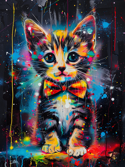 Colorful space Bengal cat with a bow tie Expressive surreal Poster # F024359