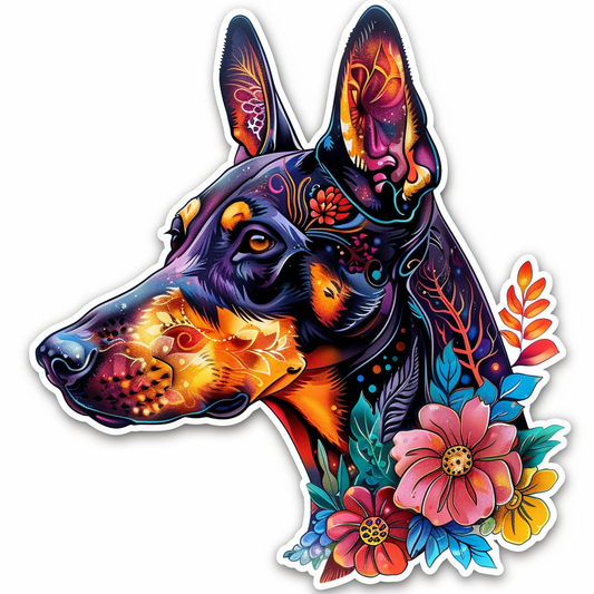 Doberman Pinscher Dog floral majestic Expressive surreal Vinyl Decal Sticker for Car, Laptop, Tumbler and more # F019378