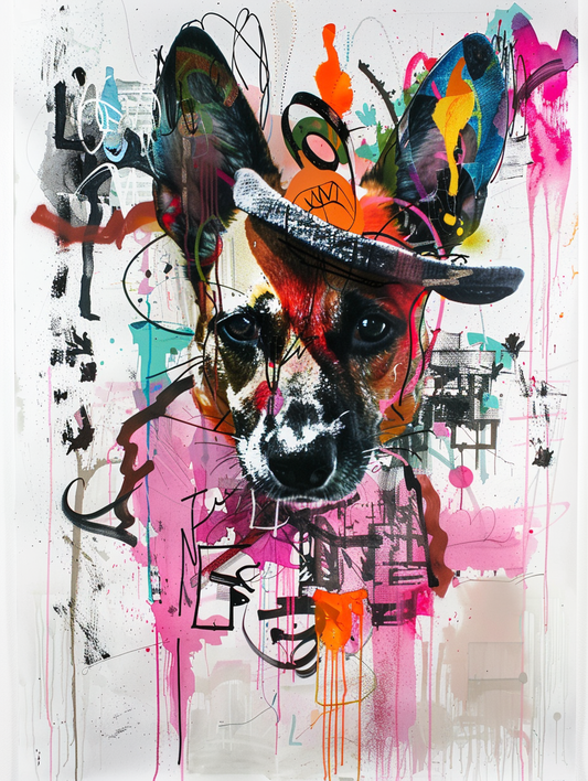 colorful space German Shepherd dog with a hat Expressive surreal Poster # F025593