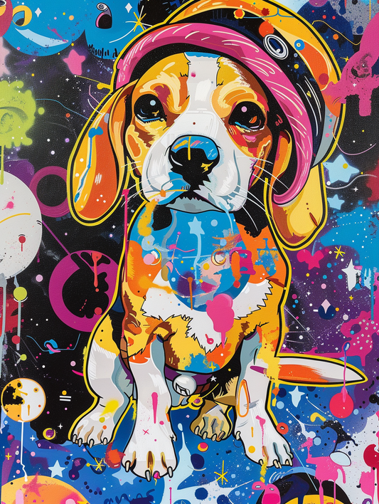 colorful space Beagle dog with a hat Expressive surreal Poster # F025386