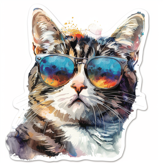 American Shorthair Cat wearing sunglasses Expressive surreal Vinyl Decal Sticker for Car, Laptop, Tumbler and more # F019912-4" x 4"