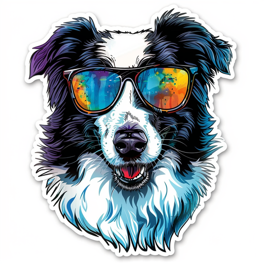 Border Collie Dog wearing sunglasses Expressive surreal Vinyl Decal Sticker for Car, Laptop, Tumbler and more # F021690-4" x 4"