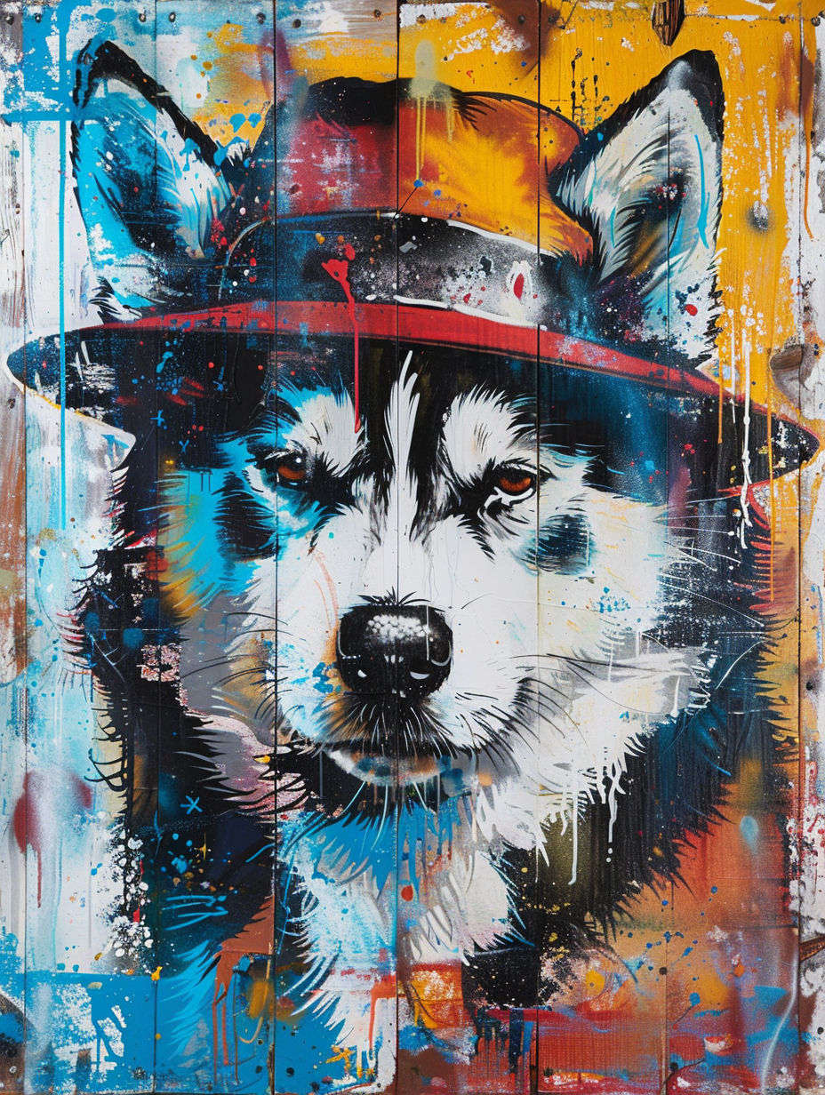 Colorful space Siberian Husky dog with a hat Expressive surreal Poster # F025017