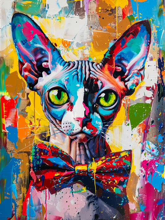 Colorful space Sphynx cat with a bow tie Expressive surreal Poster # F024375