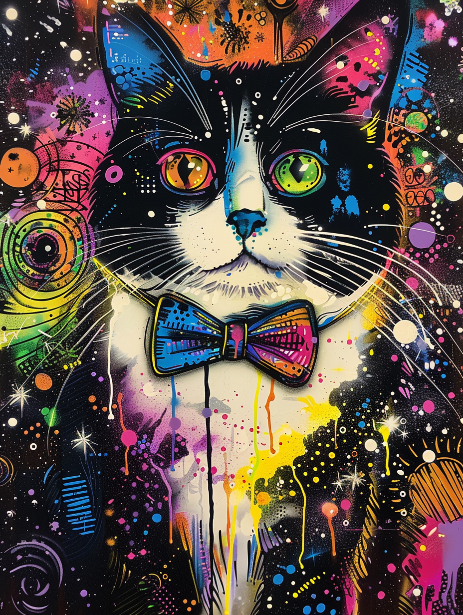 Colorful space Ragdoll cat with a bow tie Expressive surreal Poster # F024680