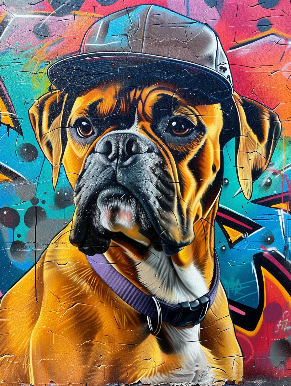Colorful space Boxer dog with a hat Expressive surreal Poster # F025615