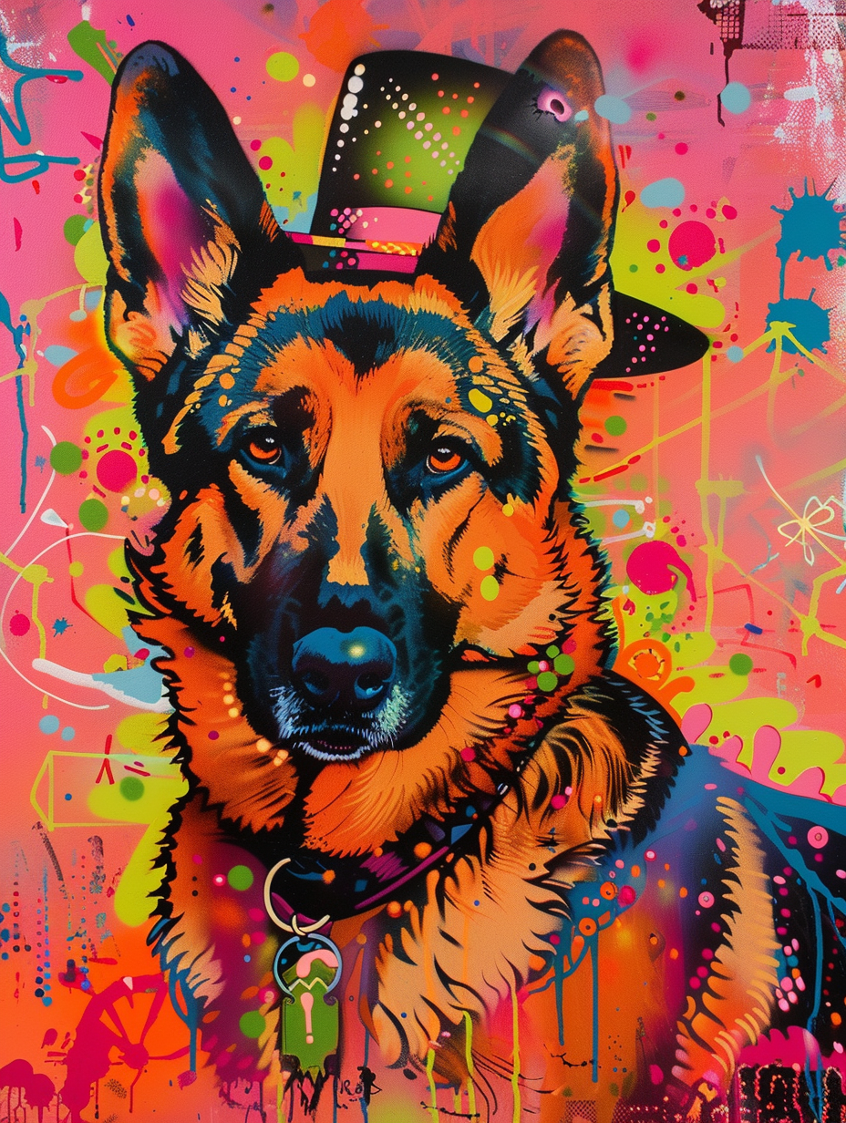 colorful space German Shepherd dog with a hat Expressive surreal Poster # F025595