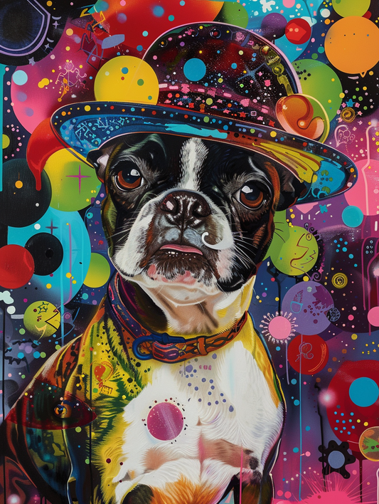 colorful space Boston Terrier dog with a hat Expressive surreal Poster # F025119