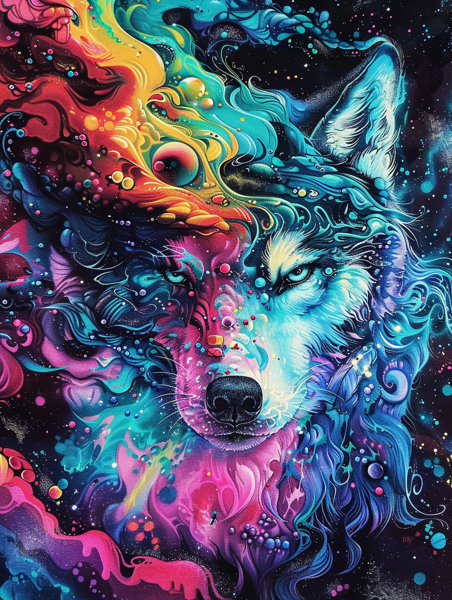 Colorful space Siberian Husky dog with a hat Expressive surreal Poster # F024537