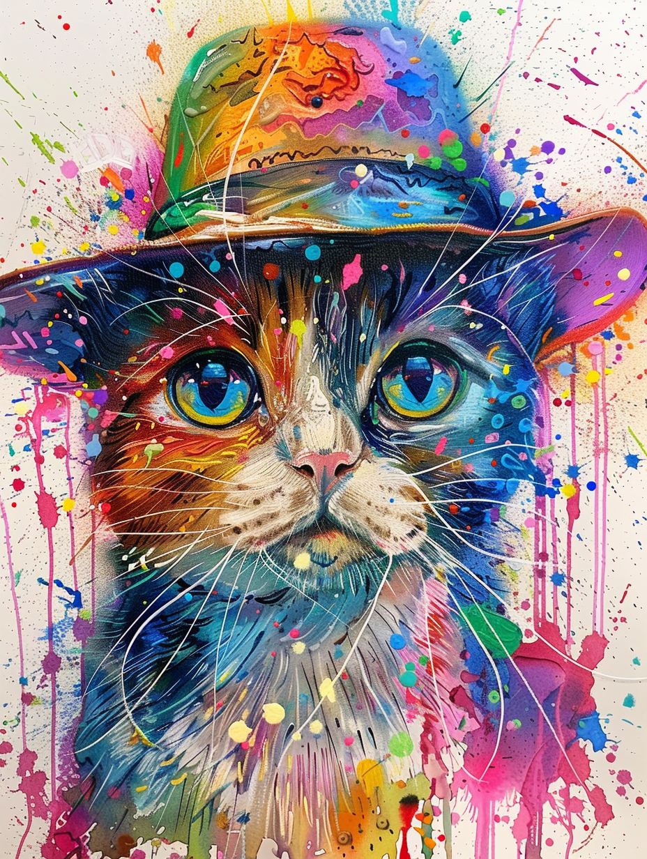 Colorful space Scottish Fold cat with a hat Expressive surreal Poster # F025301