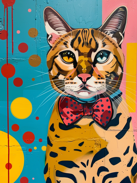 Colorful space Bengal cat with a bow tie Expressive surreal Poster # F024381