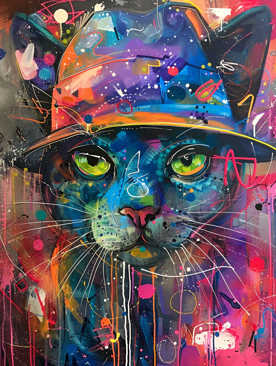 colorful space Russian Blue cat with a hat Expressive surreal Poster # F025367