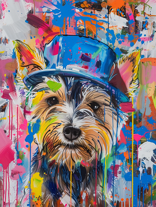 colorful space Yorkshire Terrier dog with a hat Expressive surreal Poster # F024499