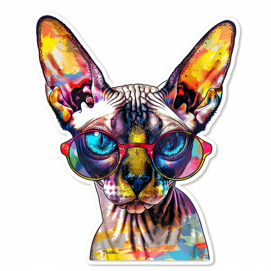 Cornish Rex Cat wearing sunglasses Expressive surreal Vinyl Decal Sticker for Car, Laptop, Tumbler and more # F020754-4" x 4"