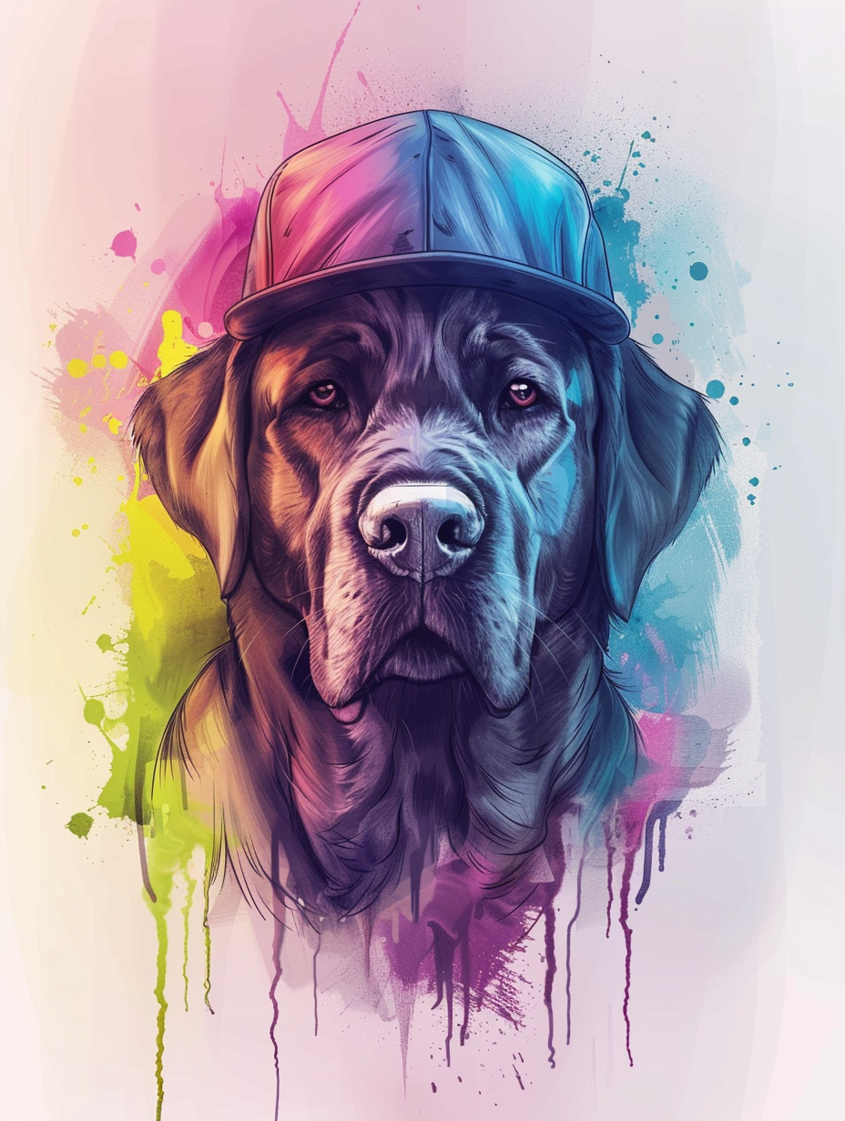 colorful space Labrador Retriever dog with a hat Expressive surreal Poster # F025559